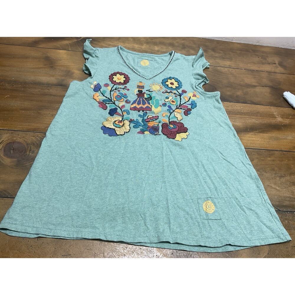 Double D Ranch Floral Embroidered Tee Green Contrast Stitching Medium